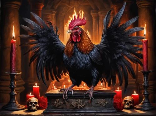 poussaint,redcock,coq,phoenix rooster,cockerel,gamecock,bantam,black candle,roasted pigeon,pitcock,moorcock,roasted chicken,hen,the chicken,candle wick,ravenstein,pajarito,fire background,samhain,chicken barbecue,Illustration,Paper based,Paper Based 24