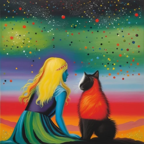 jasinski,fireheart,rainbow and stars,firecat,kittelsen,two cats,sun and moon,dubbeldam,beltane,starclan,oil painting on canvas,the moon and the stars,cat lovers,indigenous painting,visitation,colorful stars,oil on canvas,gatos,georgatos,the stars,Art,Artistic Painting,Artistic Painting 33