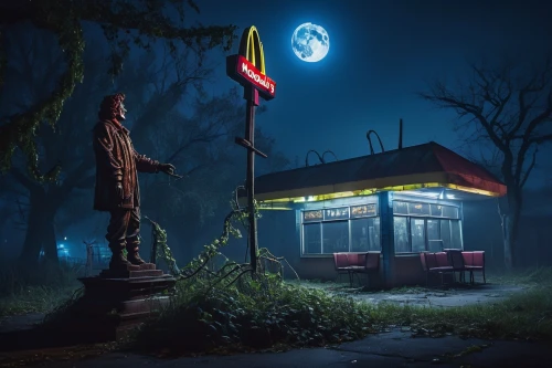 retro diner,electric gas station,e-gas station,ghost train,bus stop,diner,gas station,nuka,kiosk,voorhees,nighthawks,ice cream stand,busstop,petrol pump,kovco,nacht,a restaurant,night scene,tropico,drive in restaurant,Conceptual Art,Fantasy,Fantasy 03