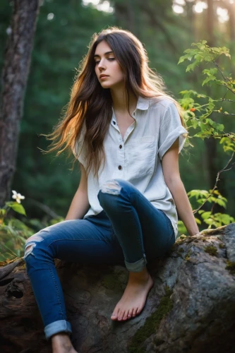 perched on a log,girl in t-shirt,jeans background,chambray,girl with tree,menswear for women,spruce shoot,female model,shirting,white shirt,madewell,forest background,relaxed young girl,forestland,in the forest,fir tops,denim background,photo session in torn clothes,poise,the girl next to the tree,Illustration,Black and White,Black and White 24