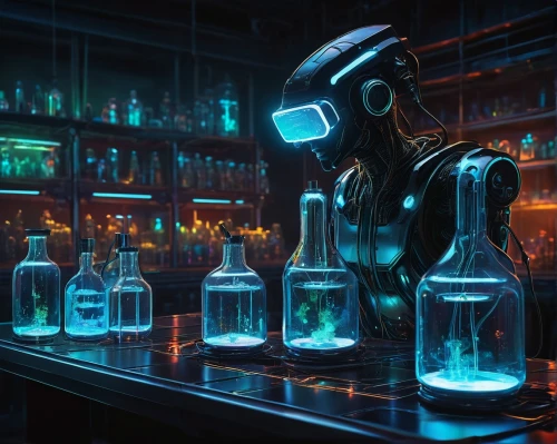 cyberpunk,neon cocktails,electro,laboratory,chemiluminescence,neon drinks,cyber glasses,synthetic,bottles,bioluminescence,alchemax,bottle man,chemical laboratory,eletrica,electron,thermoluminescence,photoluminescence,cybersmith,bioluminescent,lab,Illustration,Paper based,Paper Based 18