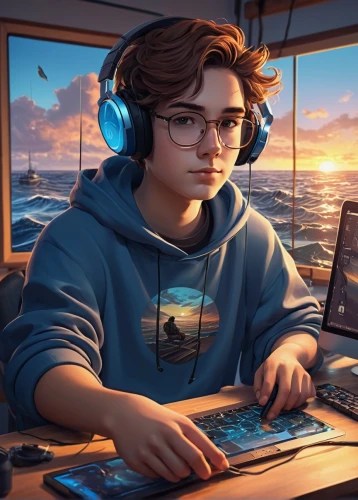 commissionner,dj,ocean background,world digital painting,music background,fan art,computer graphic,dusk background,artist portrait,ocean,game illustration,youtube background,norsefire,comission,girl at the computer,lan,editor,art background,maclachlan,aui,Conceptual Art,Oil color,Oil Color 08