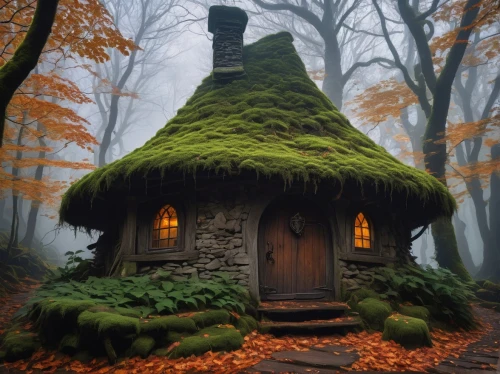 house in the forest,fairy house,miniature house,witch's house,little house,forest house,witch house,tree house,small cabin,small house,fairy chimney,fairy door,log cabin,fairytale forest,mushroom landscape,germany forest,cottage,treehouses,greenhut,winter house,Illustration,Paper based,Paper Based 01
