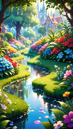 fairy forest,fairy world,fairy village,springtime background,spring background,fairyland,fantasy landscape,sea of flowers,cartoon video game background,cartoon forest,wonderland,mushroom landscape,landscape background,fairytale forest,blooming field,flower garden,idyllic,lily pond,garden pond,lilly pond,Anime,Anime,Cartoon