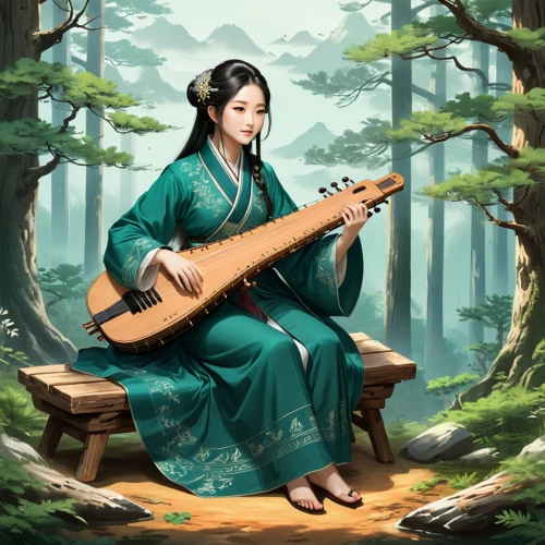 guqin,bamboo flute,gayageum,guzheng,shakuhachi,chuseok,erhu,shamisen,woman playing,dulcimer,hanbok,lutenist,bansuri,hanfu,zhiyuan,woman playing violin,zhenguo,xuanwei,sarasvati,yuexiu,Unique,Design,Character Design