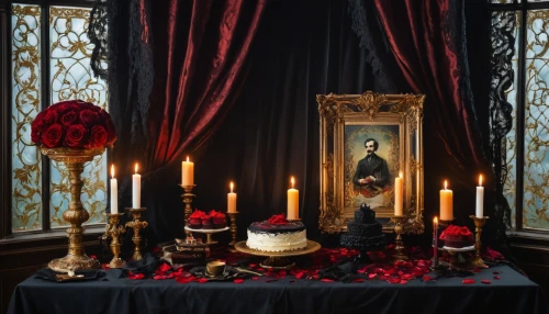 victorian room,valentine candle,centrepiece,ornate room,black candle,candlelights,valentine's day décor,bedchamber,candlelit,christmas room,victorian,valentierra,malplaquet,persian norooz,ofrenda,vanitas,candelabra,victorian style,candlemas,rose arrangement,Conceptual Art,Fantasy,Fantasy 05