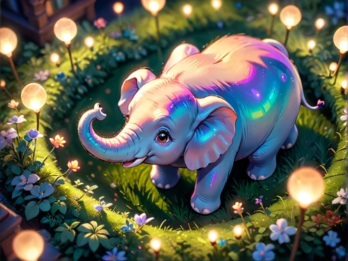 fairy lights,garden marshmallow,fireflies,elefante,glowworm,horton,spring unicorn,dumbo,trinket,pink elephant,lumi,tantor,silliphant,twinkly,grassy,water elephant,brightest,glitter trail,unicorn background,elefant,Anime,Anime,Cartoon