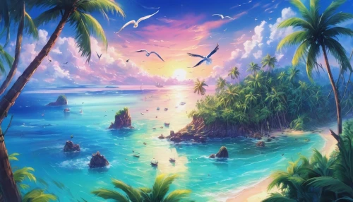 tropical sea,ocean paradise,ocean background,tropical island,tropical beach,dream beach,landscape background,an island far away landscape,tropical birds,beach landscape,paradise beach,summer background,beach scenery,mermaid background,cartoon video game background,beautiful beach,delight island,underwater oasis,sea landscape,dolphin background,Illustration,Realistic Fantasy,Realistic Fantasy 37