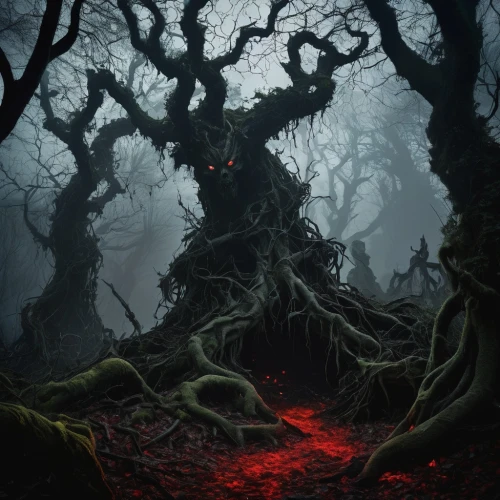haunted forest,mirkwood,elven forest,forest dark,blackmoor,fangorn,enchanted forest,creepy tree,black forest,elfland,woolfe,forest tree,druidic,underdark,red tree,crooked forest,darklands,halloween background,foggy forest,the roots of trees,Illustration,Realistic Fantasy,Realistic Fantasy 05