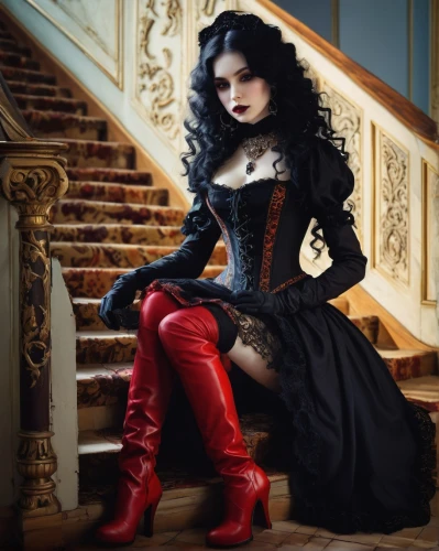 gothic woman,gothic portrait,girl on the stairs,victorian lady,victoriana,gothic style,victorian style,countess,gothic dress,duchesse,vampire lady,gothic,queen of hearts,vampire woman,goth woman,rasputina,noblewoman,gothicus,staircase,corsetry,Art,Classical Oil Painting,Classical Oil Painting 27