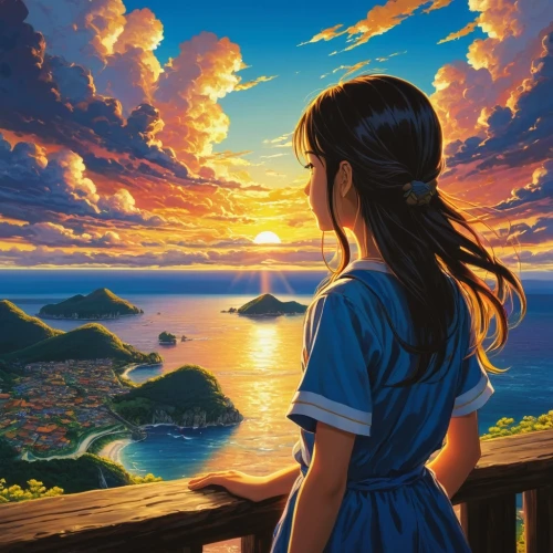 hoshihananomia,aloha,ocean view,landscape background,fantasy picture,world digital painting,escapism,cielo,lanai,tahiti,the horizon,hawai,beautiful wallpaper,paraiso,enamorada,ocean background,horizon,sakimoto,yamatai,zindagi,Illustration,Japanese style,Japanese Style 05