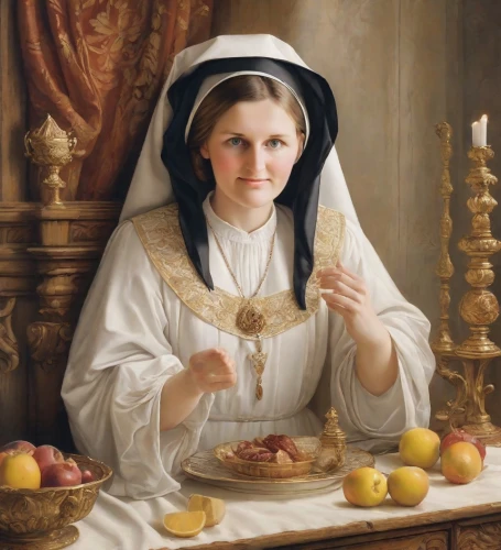 woman eating apple,woman holding pie,maidservant,postulant,girl with bread-and-butter,canoness,holy communion,portrait of christi,saint therese of lisieux,girl with cereal bowl,foundress,religieuse,bouguereau,eucharistic,lacordaire,nunsense,eucharist,clergywoman,communicant,communion,Digital Art,Classicism