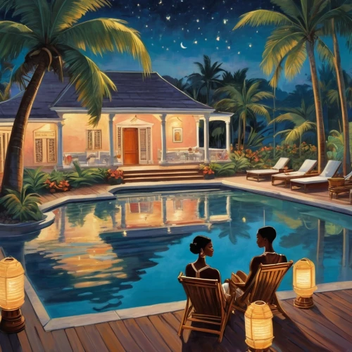 pool house,holiday villa,dreamhouse,tropical house,mustique,luxury property,beach house,paradis,pool bar,beachhouse,swimming pool,bungalows,outdoor pool,night scene,romantic night,summer house,luxury hotel,honeymoons,tropics,tropical island,Illustration,Realistic Fantasy,Realistic Fantasy 21
