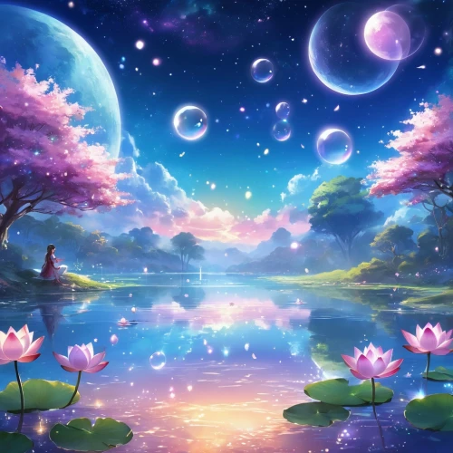 landscape background,fantasy landscape,water lilies,water lotus,waterlilies,fairy world,moon and star background,lily pond,beautiful wallpaper,fairy galaxy,cartoon video game background,lotus pond,full hd wallpaper,nature background,dreamscape,fantasy picture,dream world,waterlily,flower water,pink water lilies,Illustration,Realistic Fantasy,Realistic Fantasy 01