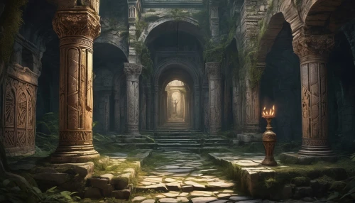 labyrinthian,hall of the fallen,ancient city,ruins,mausoleum ruins,crypts,sepulchres,ancient,ruin,pillars,ancient ruins,ancient buildings,the ancient world,the mystical path,sanctum,the ruins of the,theed,ancients,necropolis,sepulchre,Illustration,Realistic Fantasy,Realistic Fantasy 43