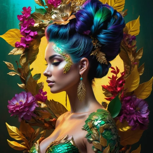girl in a wreath,fairy peacock,fantasy portrait,diwata,bodypainting,wreath of flowers,flora,body painting,baoshun,golden wreath,floral wreath,oshun,bodypaint,exotic flower,dryad,peacock,fantasy art,sirena,elven flower,colorful floral,Photography,Artistic Photography,Artistic Photography 08