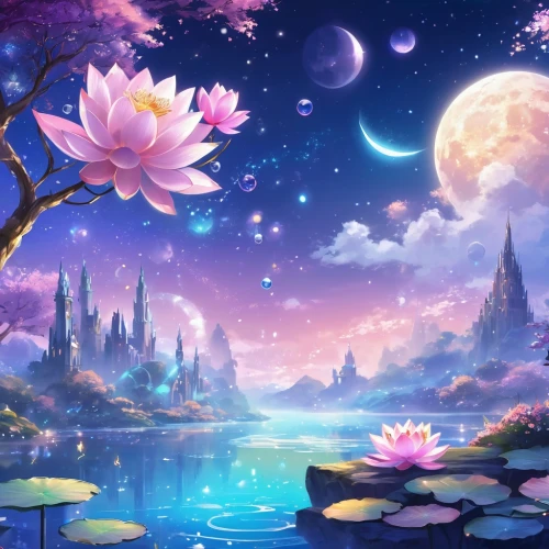 fantasy landscape,landscape background,moon and star background,fantasy picture,fairy world,beautiful wallpaper,fairyland,cartoon video game background,dream world,full hd wallpaper,dreamscapes,dreamscape,children's background,flower background,water lotus,mid-autumn festival,wonderlands,dreamlands,fairy galaxy,nature background,Illustration,Realistic Fantasy,Realistic Fantasy 01