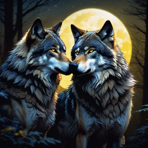 wolf couple,two wolves,wolfs,loups,wolves,wolfes,werewolves,wolens,moondogs,canids,wolfers,lycans,timberwolves,werewolve,wolfen,wolfsangel,wolffian,wolfsschanze,wolfriders,werewolf,Illustration,Retro,Retro 22
