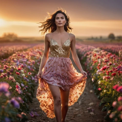 girl in flowers,beautiful girl with flowers,field of flowers,flower field,blooming field,flower in sunset,flowers field,girl in a long dress,flower girl,flower fairy,walking in a spring,splendor of flowers,girl walking away,woman walking,country dress,countrywoman,flower background,romantic look,sea of flowers,a girl in a dress,Photography,General,Cinematic