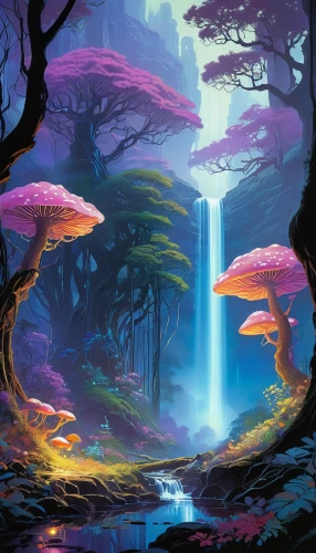 mushroom landscape,fantasy landscape,mushroom island,fairy forest,fairy world,fairy village,mushrooms,forest mushrooms,futuristic landscape,world digital painting,elven forest,cartoon forest,fantasy picture,shrooms,alien world,forest of dreams,forest landscape,3d fantasy,fairytale forest,waterfall,Conceptual Art,Sci-Fi,Sci-Fi 23