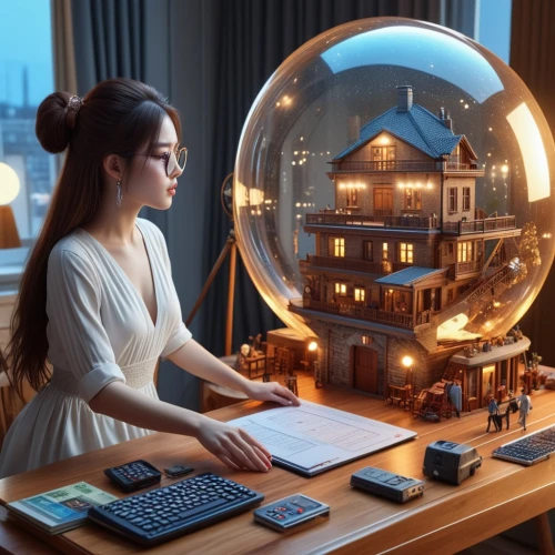 girl at the computer,desk lamp,reading magnifying glass,magnifier glass,girl studying,computer art,magnifying lens,smartsuite,table lamp,smart home,parabolic mirror,3d rendering,glass sphere,writing desk,deskjet,computerization,fractal design,computer monitor,3d art,blur office background,Photography,General,Realistic