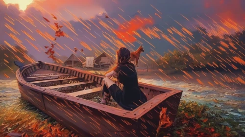 autumn background,fantasy picture,the autumn,autumn landscape,autumn scenery,boat landscape,autumn theme,canoe,wooden boat,autumn songs,dragon boat,kupala,campfire,canoeing,autumn idyll,fantasy landscape,autumn camper,viking ship,rain of fire,old wooden boat at sunrise,Illustration,Paper based,Paper Based 04