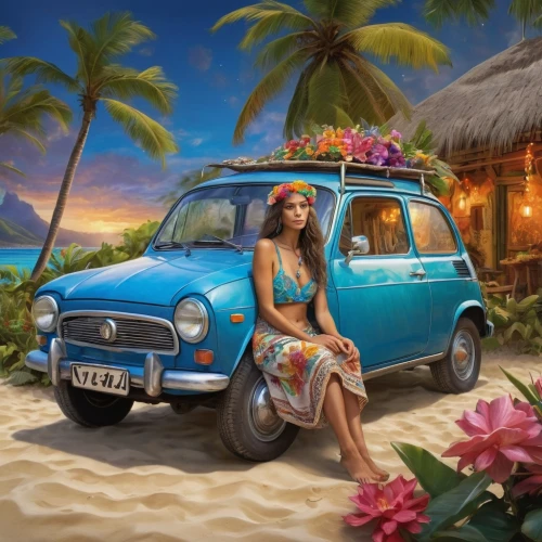 polynesian girl,cuba background,hula,hawaiiana,girl and car,tahitian,tahiti,margaritaville,south pacific,girl in car,polynesian,polynesians,lachapelle,vw camper,classic car and palm trees,barina,vw van,camper on the beach,vanagon,tropico,Photography,General,Commercial