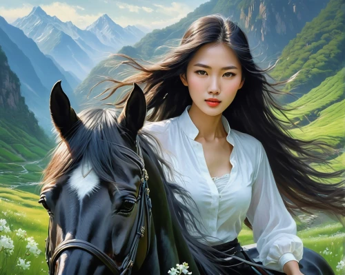 mongolian girl,inner mongolian beauty,namangan,rongfeng,fantasy picture,vietnamese woman,horse herder,horseback,xianwen,black horse,xiaofei,xuebing,xueying,jingqian,yufang,yangmei,xueliang,asian woman,yingjie,tseten,Conceptual Art,Fantasy,Fantasy 12
