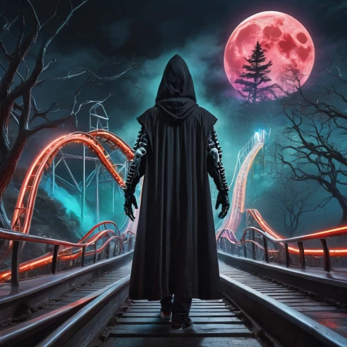 grimm reaper,adventure bridge,halloween background,hangman's bridge,dethklok,gatekeeper,horrorland,moonsorrow,scythe,necromancer,the mystical path,grim reaper,oscura,halloween poster,ravenloft,fantasy picture,dark park,deadman,halloween wallpaper,halloween and horror,Conceptual Art,Sci-Fi,Sci-Fi 24