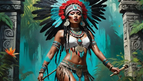 amazonica,pocahontas,polynesian girl,warrior woman,amerindian,indian headdress,tribal,aztec,amazona,ixchel,mexica,shamanic,native american,amazonian,polynesian,osceola,amazonas,headdress,shamanism,american indian,Conceptual Art,Graffiti Art,Graffiti Art 08