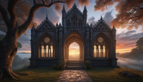 fantasy picture,hall of the fallen,fantasy landscape,nargothrond,portal,fairy tale castle,heaven gate,haunted cathedral,fairytale castle,silmarillion,castlevania,gothic church,mausolea,mausoleum ruins,the threshold of the house,shadowgate,gondor,valar,cathedral,world digital painting,Photography,Artistic Photography,Artistic Photography 11