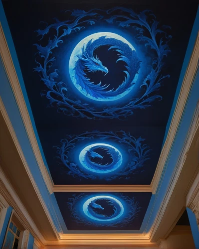 on the ceiling,the ceiling,ceiling lighting,ceiling light,ceiling,blue room,ceiling construction,ceilings,wall decoration,ceiling lamp,fractals art,stucco ceiling,blue spheres,fractal lights,sleeping room,dragon palace hotel,ornate room,spiral art,wall painting,wall art,Art,Classical Oil Painting,Classical Oil Painting 14