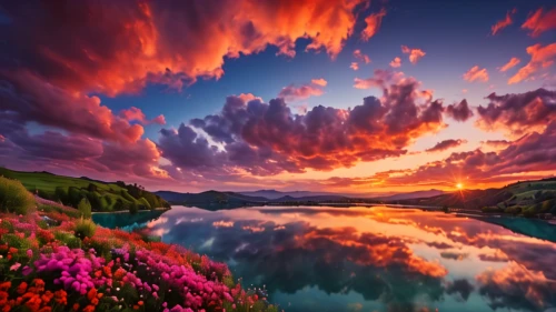 incredible sunset over the lake,splendid colors,beautiful landscape,landscapes beautiful,beautiful lake,nature landscape,nature wallpaper,windows wallpaper,evening lake,landscape background,volcanic lake,red sky,beautiful colors,colorful water,intense colours,epic sky,reflection in water,heaven lake,purple landscape,landscape nature,Photography,General,Cinematic