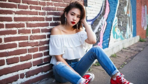 red wall,red brick wall,brick wall background,brick background,jeans background,concrete background,red bricks,street shot,colorful background,blurred background,photographic background,asian girl,red shoes,red background,phuquy,photo shoot with edit,red brick,portrait background,denim background,alleyways,Illustration,Japanese style,Japanese Style 20