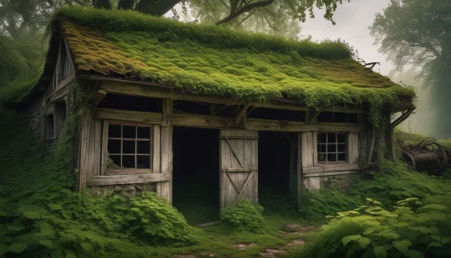 house in the forest,ancient house,witch's house,greenhut,little house,lonely house,small house,witch house,grass roof,miniature house,abandoned house,wooden house,old home,garden shed,forest house,moss landscape,old house,wooden hut,danish house,traditional house,Art,Classical Oil Painting,Classical Oil Painting 10