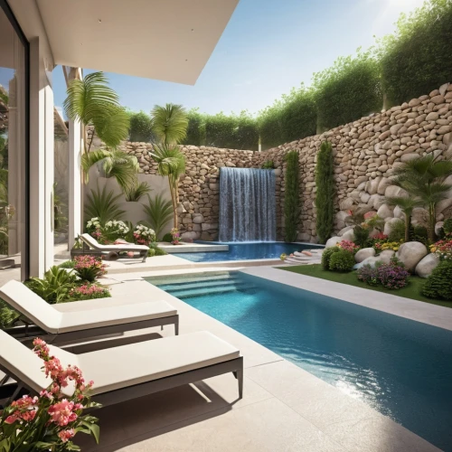 landscape design sydney,landscape designers sydney,garden design sydney,landscaped,3d rendering,bougainvilleans,outdoor pool,water feature,holiday villa,landscaping,bougainvilleas,pool house,dug-out pool,swimming pool,luxury bathroom,balcony garden,palm springs,hovnanian,artificial grass,tropical house,Photography,General,Realistic