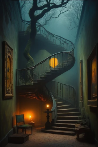 staircase,spiral staircase,stairwell,stairway,outside staircase,winding staircase,fantasy picture,the threshold of the house,staircases,witch's house,stairways,mysterium,upstairs,backstairs,stairwells,haunted house,circular staircase,witch house,the haunted house,stairs,Art,Classical Oil Painting,Classical Oil Painting 41