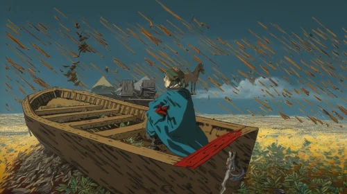 dugout canoe,boat landscape,soyuzmultfilm,troubador,troubadour,shipwreck,noah's ark,pescadores,canoe,perahu,kantele,temporal,rowboat,triremes,boatmen,harp player,boatman,wooden boat,pilgrims,pescador,Illustration,Realistic Fantasy,Realistic Fantasy 12