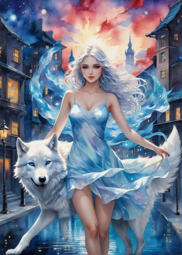 white rose snow queen,the snow queen,white fox,fantasy picture,ice queen,fantasy art,icea,suit of the snow maiden,white wolves,ice princess,adere,blue snowflake,samoyedic,winterblueher,eternal snow,blue moon rose,kitsune,lumi,fantasy girl,weiss,Illustration,Paper based,Paper Based 25