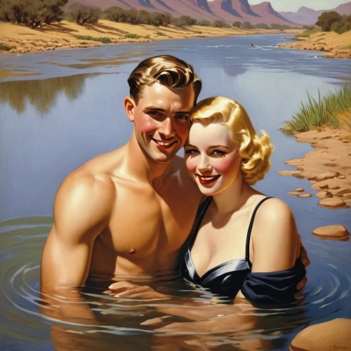 the blonde in the river,radebaugh,vintage man and woman,vintage boy and girl,tretchikoff,young couple,bathers,valentine day's pin up,swimming people,whitmore,1940 women,vintage art,vintage 1950s,currin,retro pin up girls,pin-up girls,valentine pin up,yarnell,as a couple,honeymooners,Illustration,Retro,Retro 10