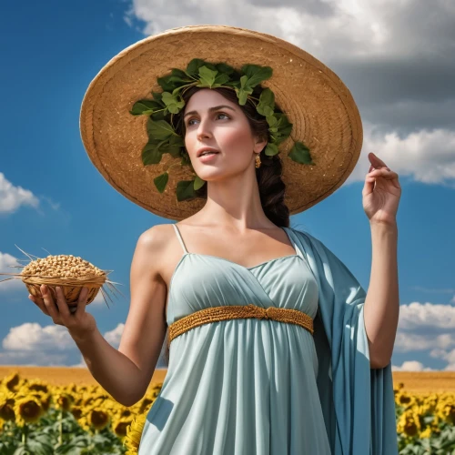 woman holding pie,woman of straw,girl with bread-and-butter,woman with ice-cream,woman eating apple,lughnasadh,aromanians,countrywoman,fiordiligi,the hat of the woman,yellow sun hat,shepherdess,melpomene,chamomile in wheat field,straw hat,maenad,bacchante,ecofeminism,pollina,phytoestrogens,Photography,General,Realistic