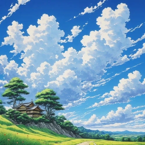 landscape background,blue sky clouds,cartoon video game background,blue sky and clouds,blue sky and white clouds,summer sky,bluesky,springtime background,windows wallpaper,maplestory,cloudstreet,sky clouds,spring background,high landscape,sakura background,blue sky,nature background,meadow landscape,sky,cloudmont,Illustration,Japanese style,Japanese Style 05