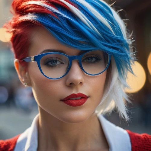 color glasses,blue hair,red and blue,karou,smart look,hipster,silver framed glasses,lace round frames,reading glasses,photochromic,electric blue,lunettes,pompadour,vibrant color,rockabilly style,retro woman,pompadours,spectacles,retro girl,lunette,Photography,General,Cinematic