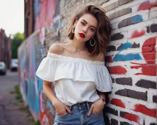 red wall,petka,red lips,red lipstick,brick wall background,white shirt,red brick wall,vintage fashion,street shot,beautiful young woman,denim background,jeans background,polina,women fashion,lera,vintage girl,white and red,retro girl,alycia,cotton top,Conceptual Art,Daily,Daily 15