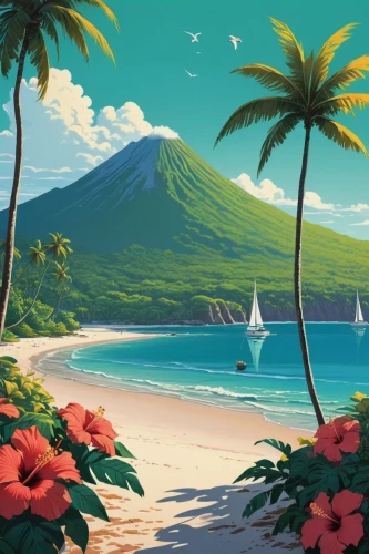 tropical beach,beach landscape,tropical island,tropical floral background,tropical sea,beach scenery,tropics,hawaii,summer background,landscape background,hawai,an island far away landscape,mountain beach,dream beach,tahiti,fiji,honolulu,beautiful beach,bahama,caribbean beach,Illustration,American Style,American Style 15