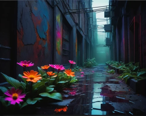 alleyway,alleyways,alley,alleys,fallen colorful,flower painting,world digital painting,fallen flower,flower wallpaper,flower background,falling flowers,narrow street,colorful light,splendor of flowers,ruelle,3d background,flowers fall,intense colours,sidewalk,digital painting,Conceptual Art,Sci-Fi,Sci-Fi 25