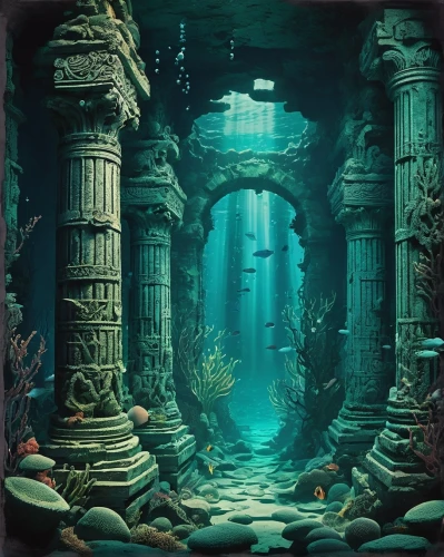 underwater oasis,underwater landscape,underwater playground,aquarium,atlantis,underwater background,sunken church,ocean floor,atlantik,undersea,atlantica,under the sea,under sea,ocean underwater,coral reef,underwater world,fantasy picture,cartoon video game background,seaquarium,lagoon,Illustration,Vector,Vector 21