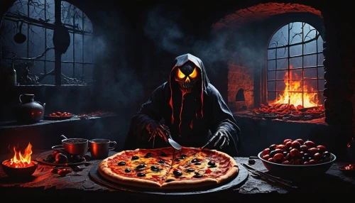 dark mood food,pizzeria,ravenous,romantic dinner,halloween background,cauldrons,grimm reaper,underdark,shadowgate,the pizza,feasts,appetite,halloween illustration,pizza,covens,pizza service,gorgoroth,reaper,stargrave,occultist,Illustration,Japanese style,Japanese Style 14