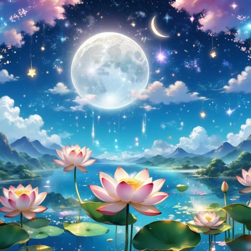 mid-autumn festival,moon and star background,water lilies,flower background,waterlily,waterlilies,lotus pond,landscape background,water lotus,flowers celestial,lotus flowers,lotuses,white water lilies,magic star flower,water lily,lotus blossom,lily pond,japanese floral background,moonflower,blooming lotus,Illustration,Japanese style,Japanese Style 01