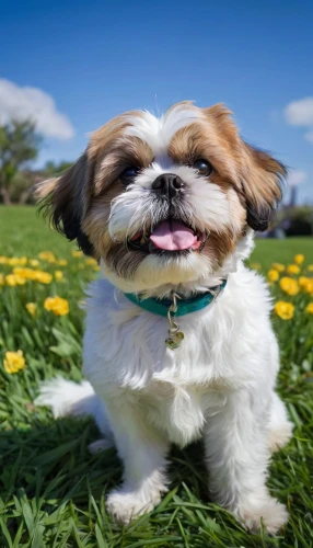 shih tzu,cheerful dog,cute puppy,pekinese,havanese,shih,cavalier king charles spaniel,shih poo,huichon,dog photography,brachycephalic,dwarf bulldog,frolicking,sneezing,outdoor dog,springtime background,frolic,little smiley,flower background,little dog,Art,Classical Oil Painting,Classical Oil Painting 40